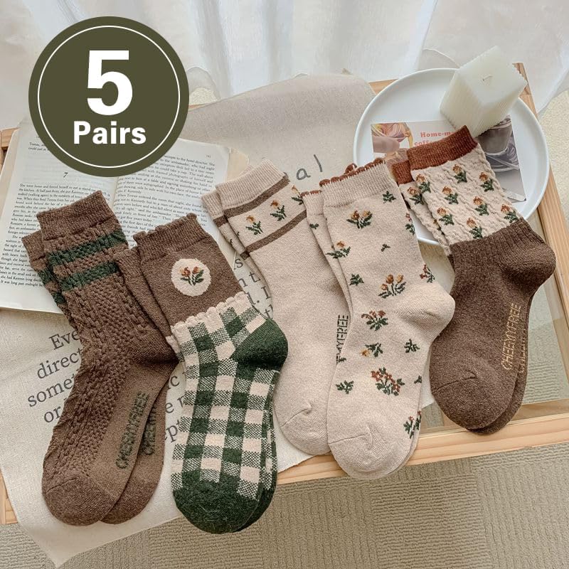 MarJunSep Wool Fall Boot Socks Women Teen Girls Thick Knit Vintage Cute Floral Cottage Core Boho Winter Warm Crew Socks - Image 2